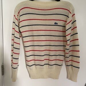 Vintage Lacoste Women’s Cream Crewneck Sweater with Red and Navy Stripes